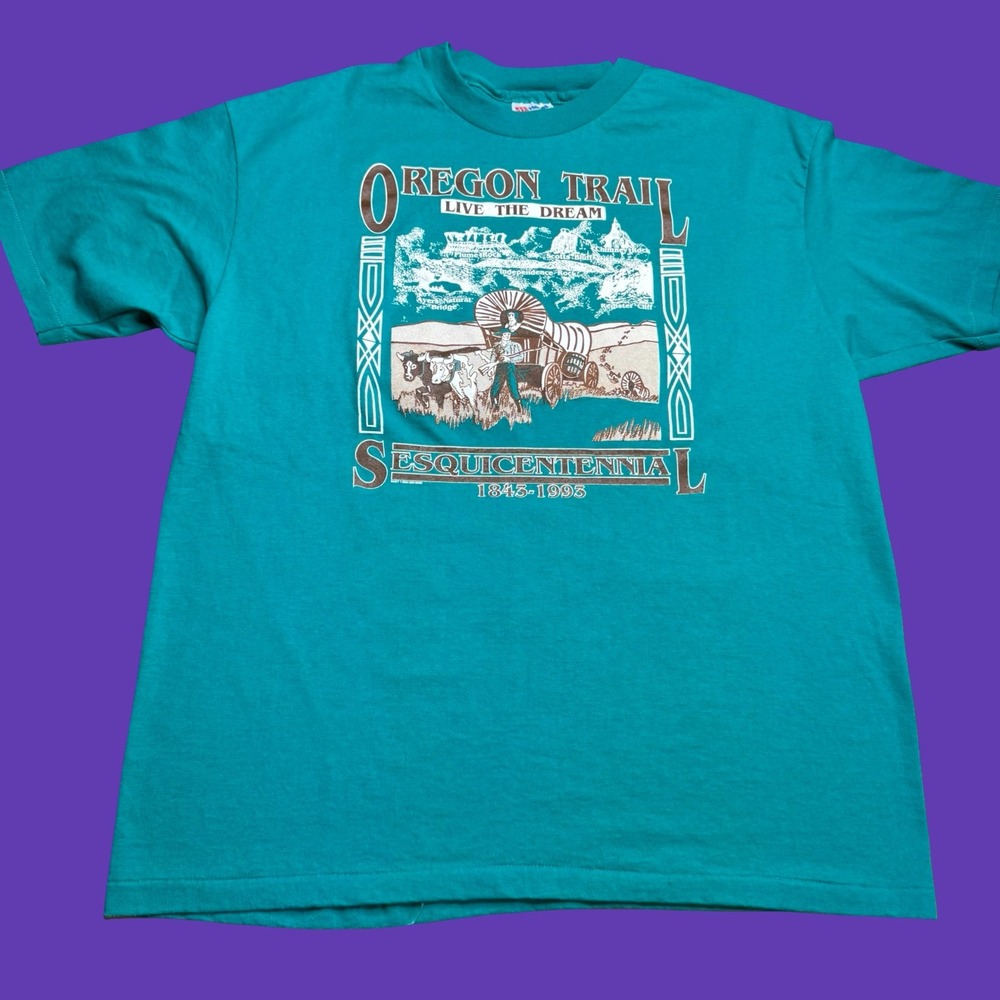 1993 Oregon Trail T Shirt XL Teal Sesquicentennial Wagon Pioneer Vintage USA